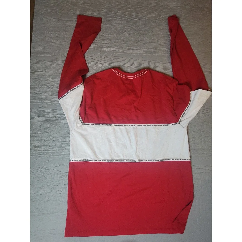 ♡True Religion Mens Long Sleeve T-Shirt Red White‎ Colorblock Logo Graphic Large